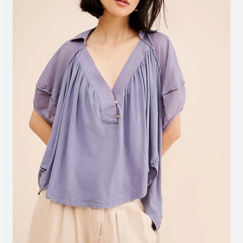 Free People Sunray Babydoll Top Blue vneck Johnny collar shirt Sz M